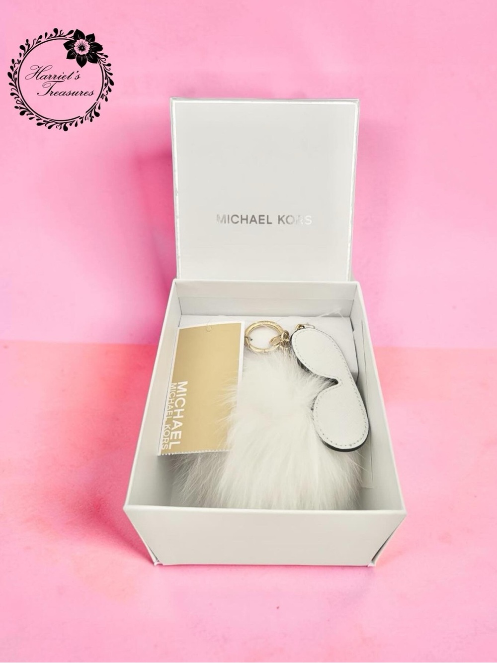 Michael Kors White Fur Pom Pom Key Ring with Leather Sunglass Charm